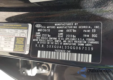 2016 Kia Optima Ex z USA, uszkodzony, nr VIN 5XXGU4L35GG067119